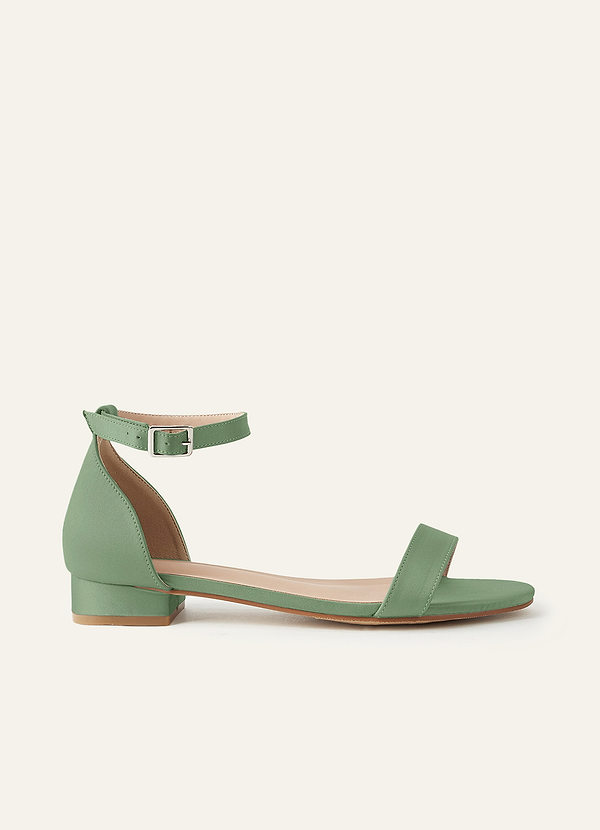 front Matching Color Matte Satin Single Strap Ankle Buckle Block Flat Sandals