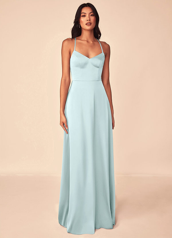 Azazie Mei Bridesmaid Dresses Sea Glass A-Line V-Neck Stretch Satin Dress image1