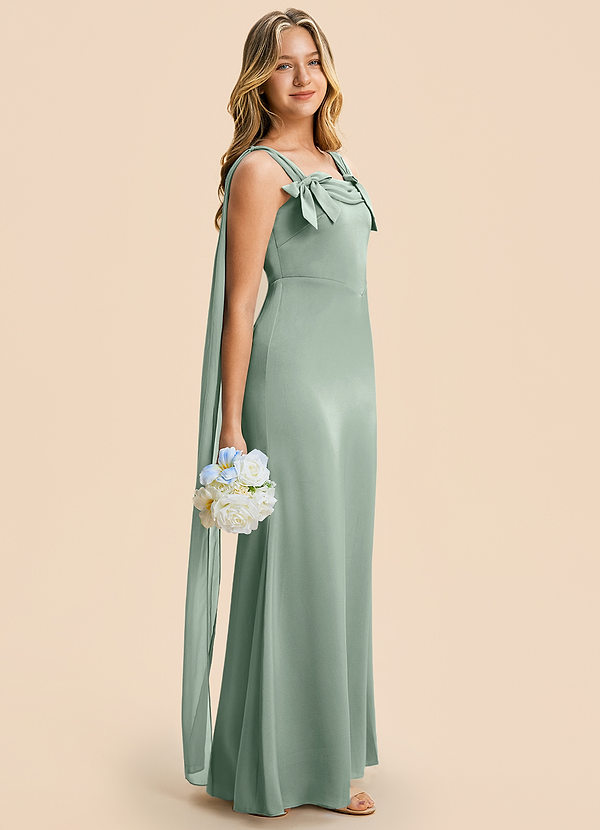 Azazie Chelsea Junior Agave Sheath Pleated Stretch Satin Dress image1
