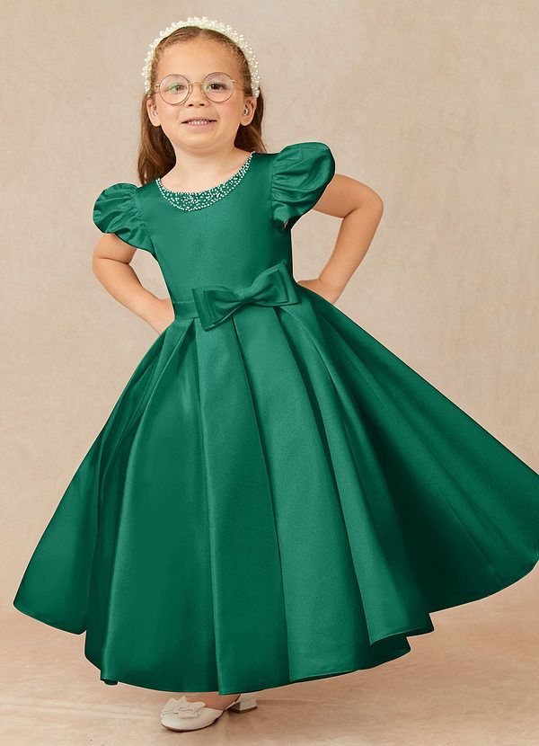 Azazie Jewel Flower Girl Dresses Emerald Ball-Gown Pleated Matte Satin Dress image1