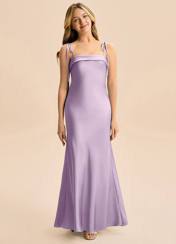 Azazie Willa Junior Vestido Lila Esmerilada de Satén Elástico de Corte Sirena con Lazo image1