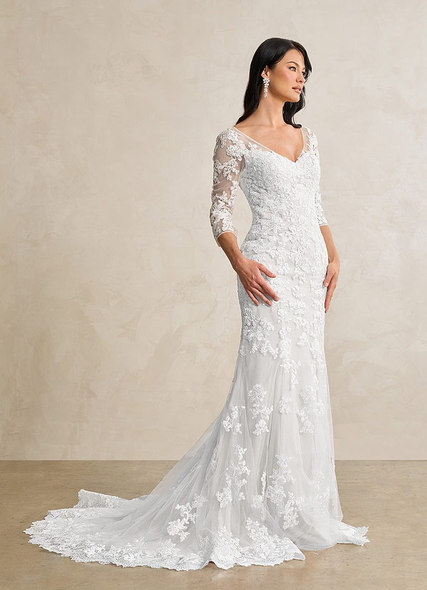 Azazie Neela Wedding Dresses Diamond White Mermaid V-Neck Lace Tulle Dress image1
