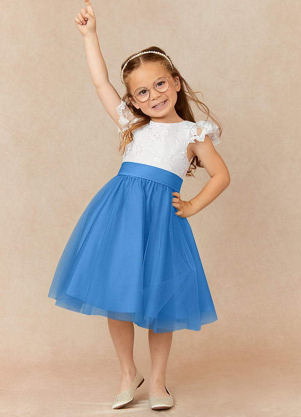 Azazie Vetty Flower Girl Dresses Ivory Blue Jay A-Line Lace Tulle Dress image1