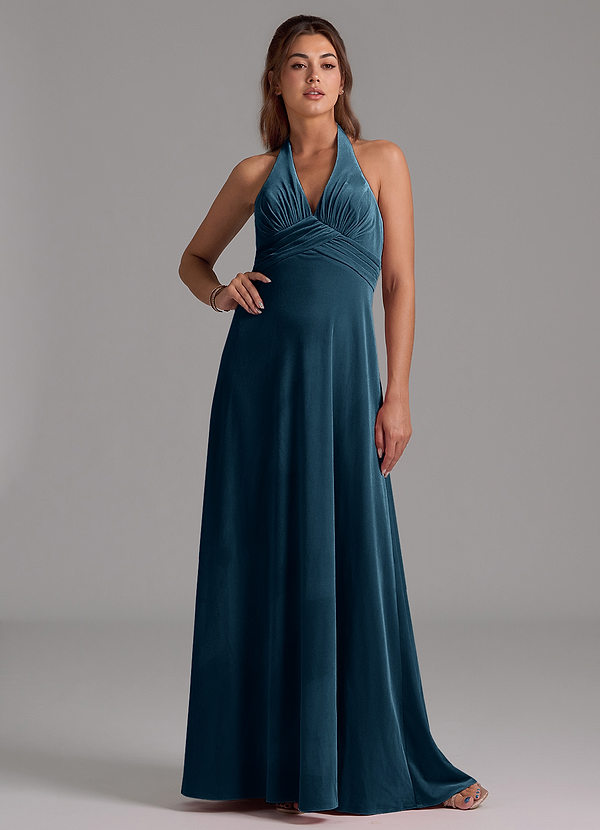 Azazie Tessie Vestidos Dama de Honor Vestido de Topacio Azul de terciopelo de Corte en A con Plisado image1
