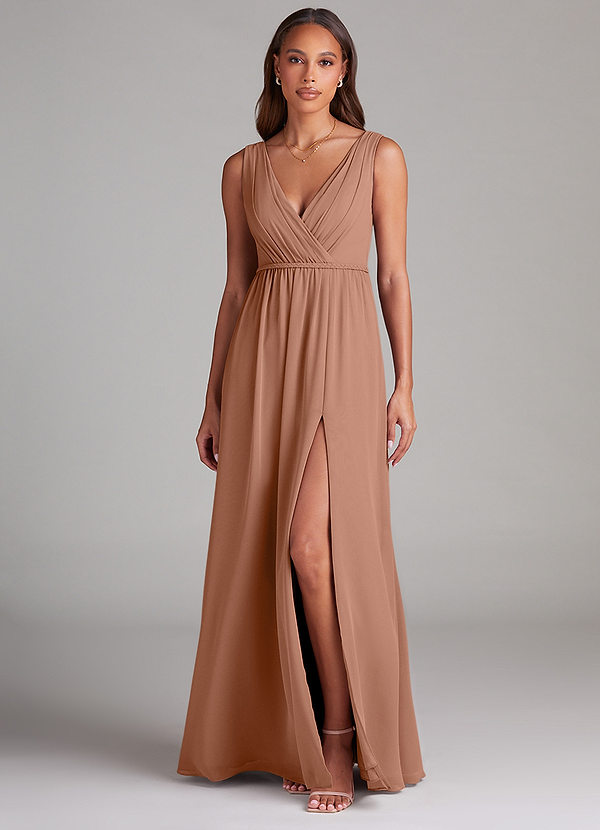 Azazie Tanicia Robes Demoiselle d'honneur Robe Trapèze en Mousseline de soie Plissée Bronze image1