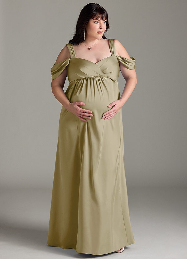 Azazie Rhea Robe demoiselle d'honneur enceinte Robe Trapèze Épaule nue plissée Longueur ras du sol Satin extensible image1