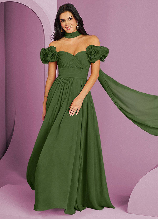 Barbie ♥ Azazie Suknie dla druhen Rozkloszowana sukienka z odkrytymi ramionami, falbaną i rozetkami image1