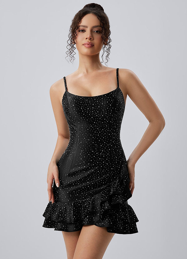 Katerina Black Spaghetti Strap Satin Rhinestone Ruffle Lace-Up Mini Dress image1