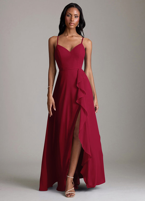 Azazie Naeem Bridesmaid Dresses Burgundy A-Line V-Neck Ruffle Chiffon Dress image1