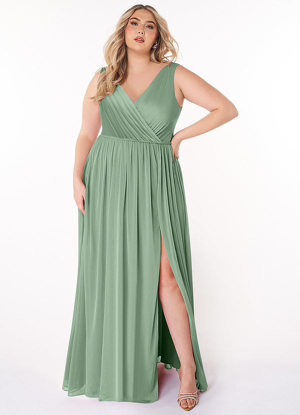 Azazie Tanicia Brautjungfernkleider A-Linie V-Hals Gefaltet Gittergewebe Kleid Matcha image1
