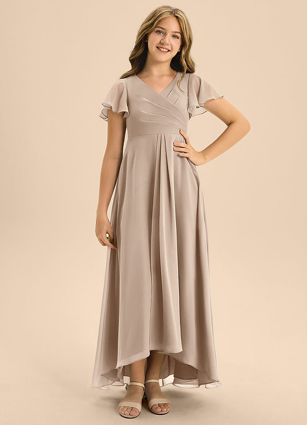 Azazie Induh Junior Taupe A-Line Pleated Chiffon Dress image1