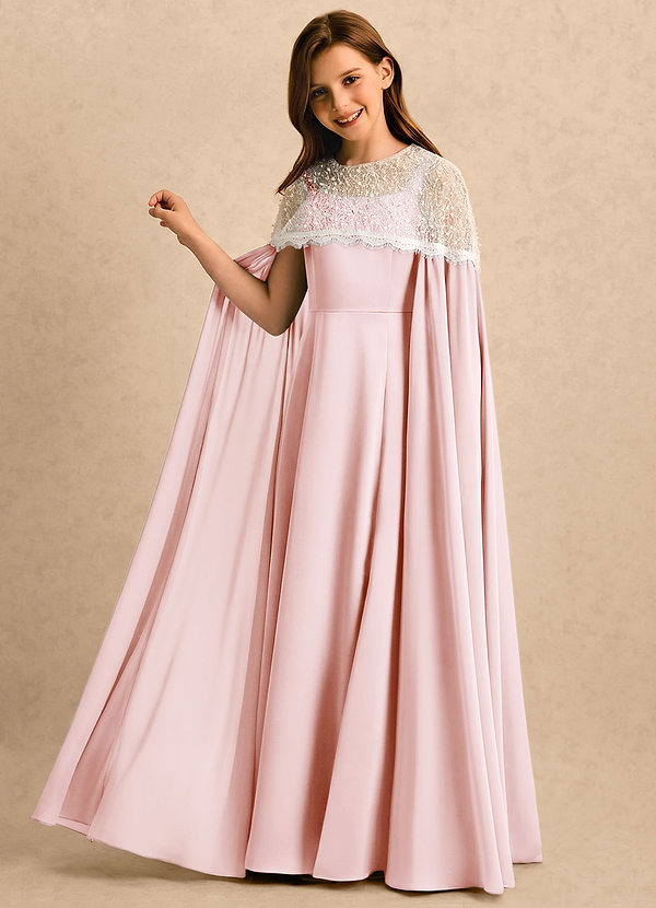 Azazie June Girls Formal Robes de cortège enfant Robe Trapèze en Satin extensible Dentelle Rose Pâle image1