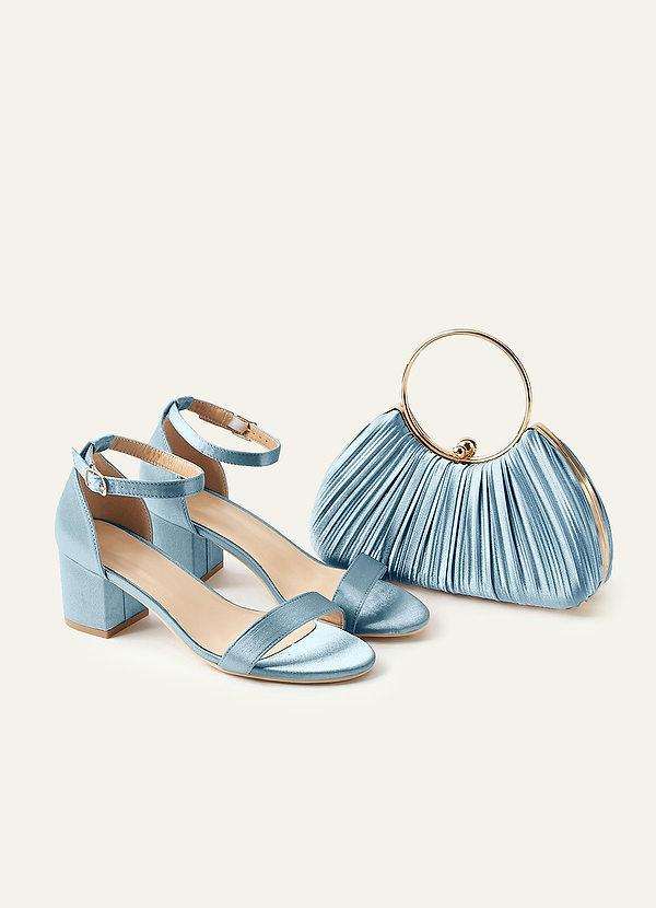 front Matching Color Metallic Satin Block Low Heel Sandals & Pleated Handbag Set