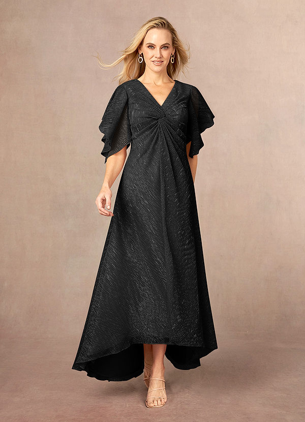 Azazie Mollina Mother of the Brides Dresses Black A-Line Ruffle Flutter Sleeve Metallic Mesh Dress image1