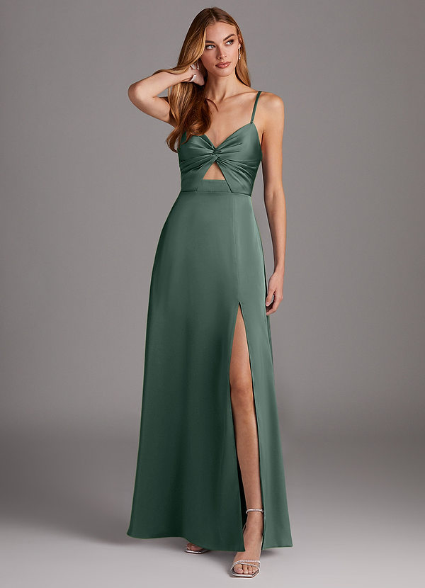 Azazie Jenna Robes Demoiselle d'honneur Robe Trapèze en Satin extensible Plissée Mousse De Mer image1