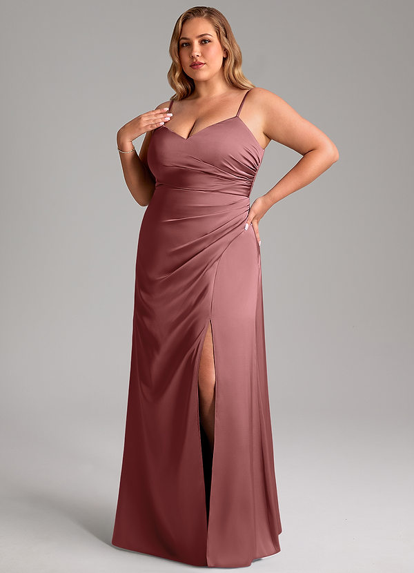 Azazie Azuree Bridesmaid Dresses Amethyst A-Line Pleated Stretch Satin Dress image1