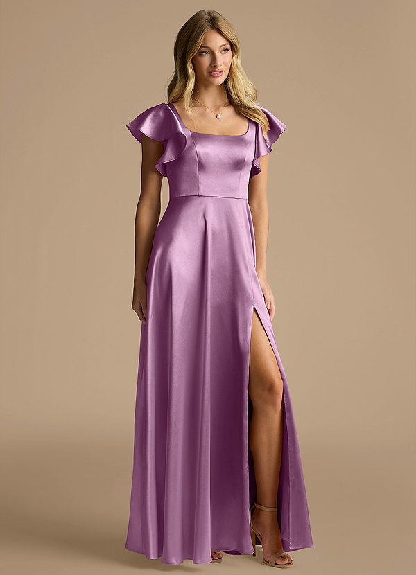 Azazie Bondi Bridesmaid Dresses Wisteria A-Line Bow Metallic Satin Dress image1