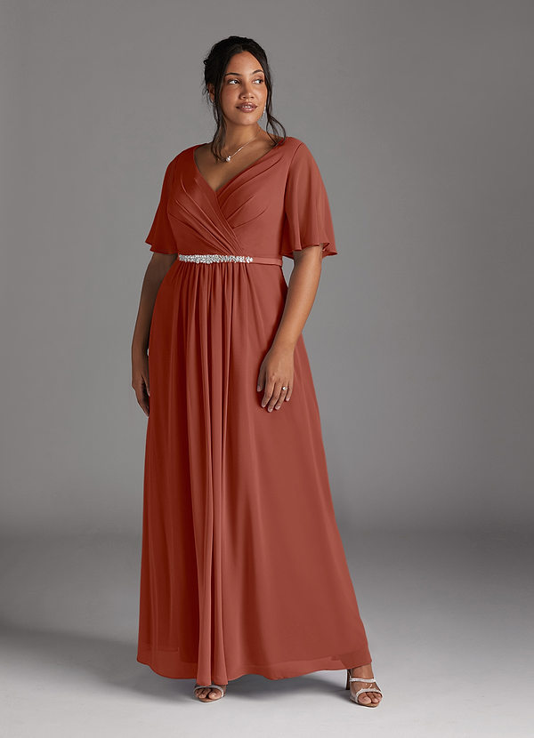 Azazie Tricia Brautmutterkleider A-Linie V-Hals Gefaltet Chiffon Kleid Rotbraun image1