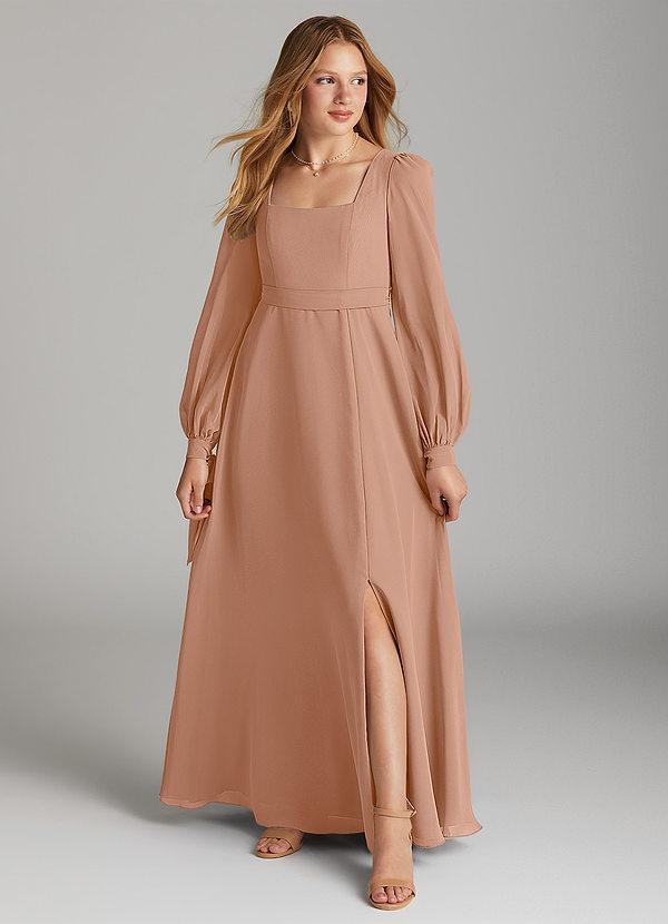 Azazie Leonia Junior Champagne Rose A-Line with Pockets Chiffon Dress image1