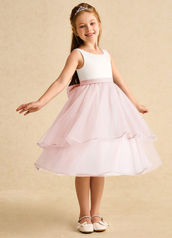 Azazie Rene Vestidos de Niña de Flores Vestido de Marfil Rosa Ruborizado de Tul de Corte En A con Lazo image1