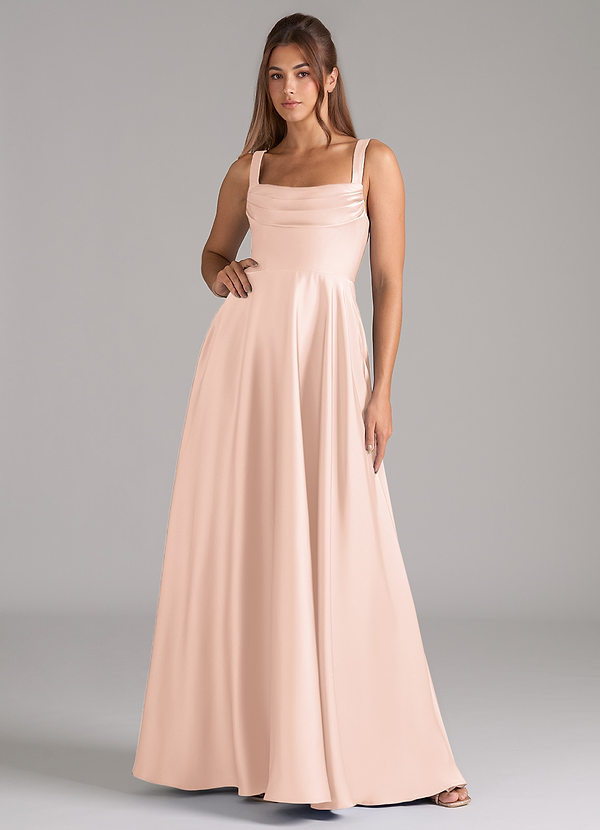 Azazie Shaude Bridesmaid Dresses Blushing Pink A-Line Pleated Stretch Satin Dress image1