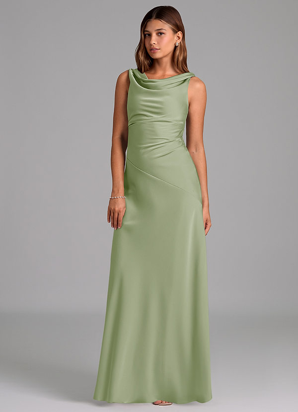 Azazie Nerine Brudtärneklänningar Klänning av A-Linje i Stretch Satin Plisserad Dusty Sage image1