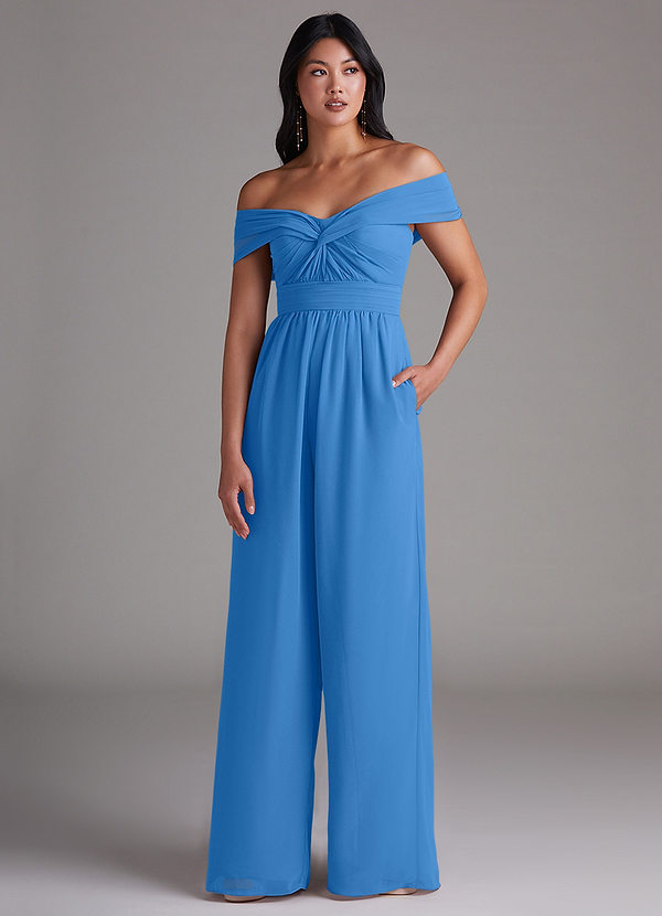 Azazie Lamara Robes Demoiselle d'honneur Combinaison Convertible en Mousseline de soie Épaule décolletée Geai Bleu image1