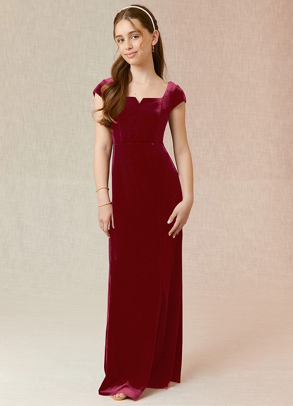 Azazie Gabi Junior Burgundy A-Line Velvet Dress image1