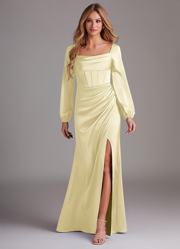 Azazie Charissa Bridesmaid Dresses Lemon Sorbet Sheath Long Sleeve Stretch Satin Dress image1