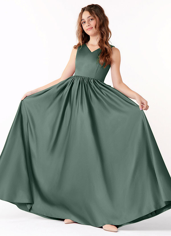 Azazie Hathaway Junior Sea Moss A-Line Bow Stretch Satin Dress image1