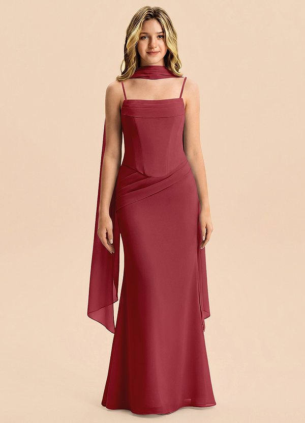 Azazie Sorrel Junior Meerjungfrau-Linie Plissee Chiffon Kleid Granatapfelrot image1
