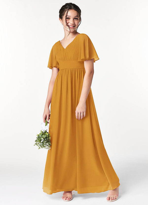 Azazie Temeka Junior Butterscotch A-Line Pleated Chiffon Dress image1