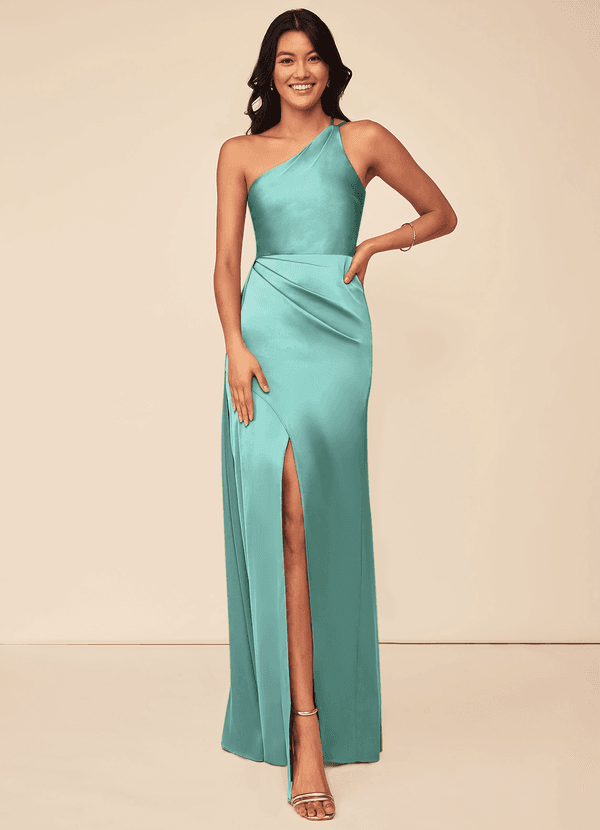Azazie Maron Bridesmaid Dresses Aqua A-Line One Shoulder Stretch Satin Dress image1