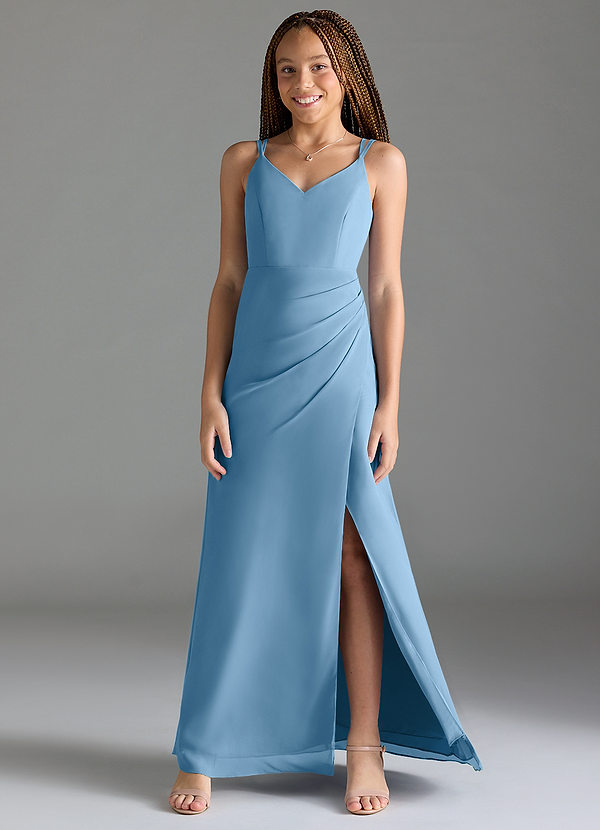 Azazie Leo Junior Abito Sirena in Chiffon Plissettato Blu Acciaio image1
