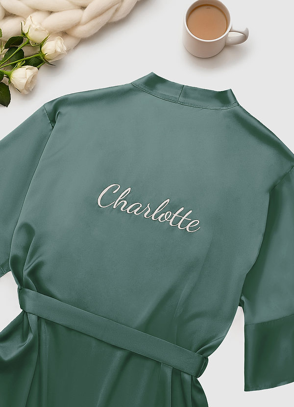 front Eucalyptus Personalized Embroidered Ruffled Satin Robe