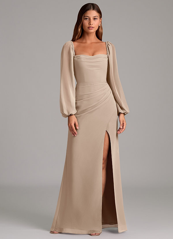 Azazie Brixley Bridesmaid Dresses Taupe Mermaid Long Sleeve Chiffon Dress image1