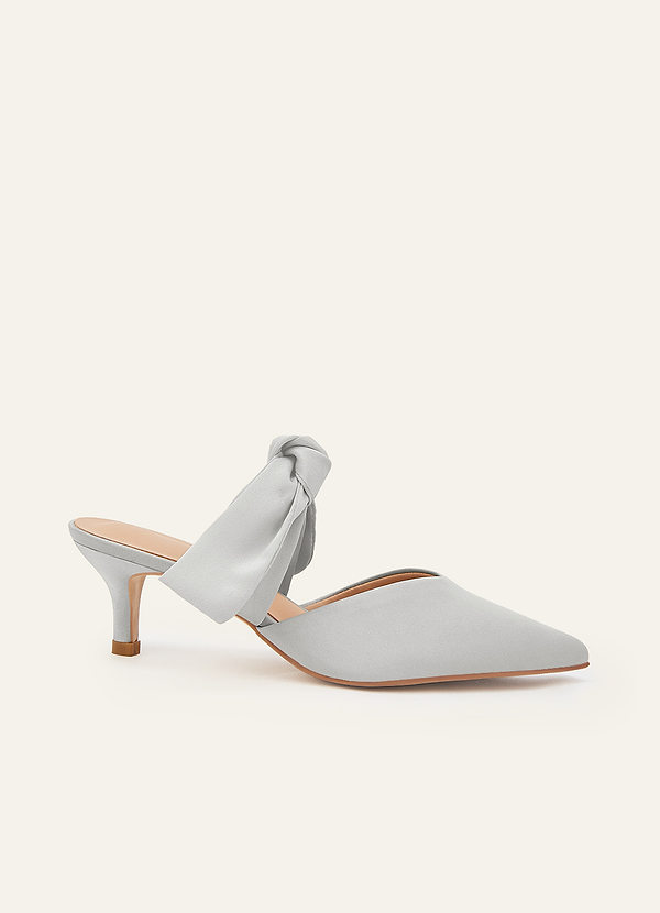 front Matching Color Stretch Satin Bow Pointed Toe Kitten Heel Mules