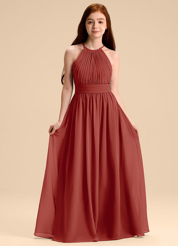 Azazie Malone Junior Robe Trapèze en Mousseline de soie Plissée Terracotta image1