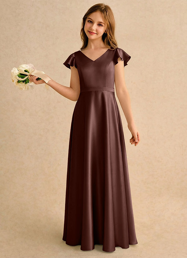 Azazie Nari Girls Formal Sukienki dla dziewczynek sypiących kwiaty Linia A z rękawami Satyna elastyczna Długość podłogi Sukienka image1