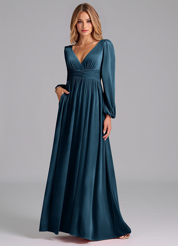 Azazie Norah Bridesmaid Dresses Blue Topaz A-Line Long Sleeve Velvet Dress image1