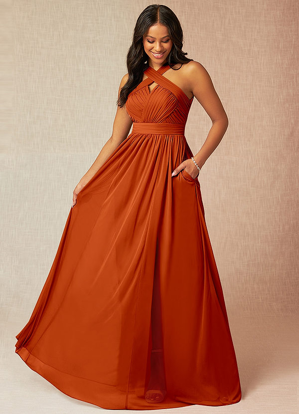 Azazie Hillian Bridesmaid Dresses Paprika A-Line Halter Pleated Mesh Dress image1