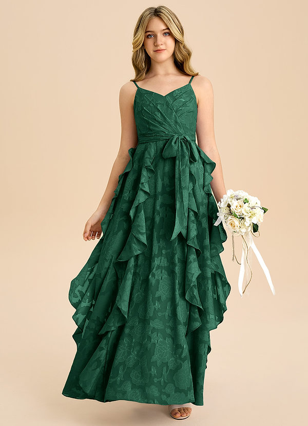 Azazie Peyton Junior Vestido de Verde Oscuro de Devorado Floral de Corte en A con Plisado image1