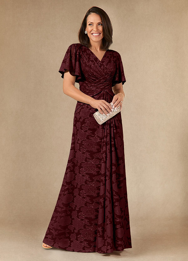 Azazie Emmeline Mother of the Brides Dresses Cabernet A-Line Pleated Floral Burnout Dress image1