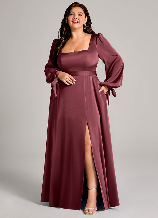 Azazie Leonia Bridesmaid Dresses Merlot A-Line Long Sleeve Stretch Satin Dress image1