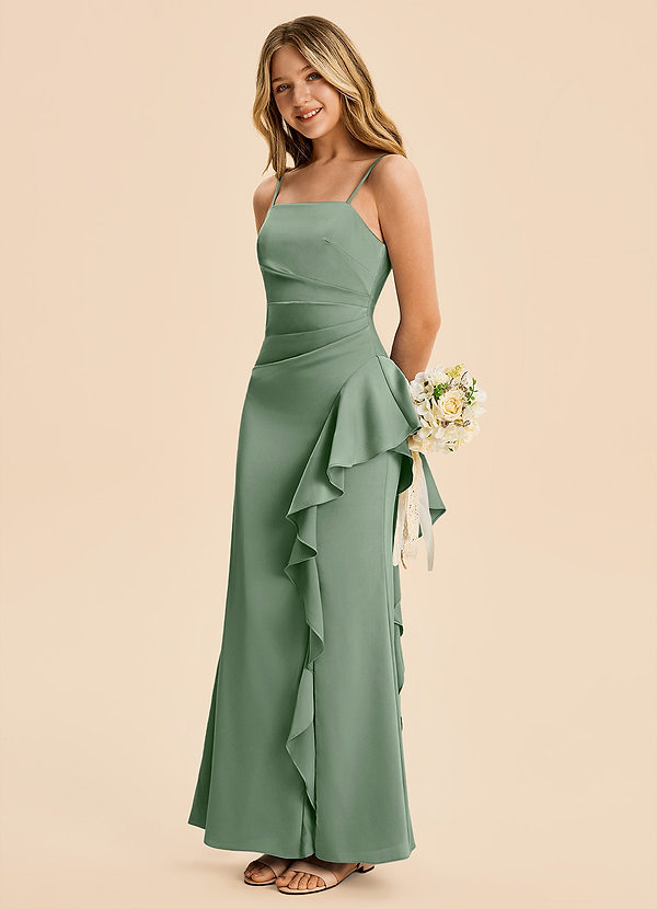 Azazie Lyla Junior Matcha Mermaid Pleated Stretch Satin Dress image1