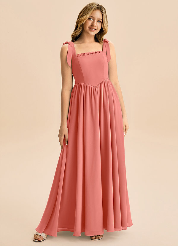 Azazie Delia Junior Abito A-Line in Chiffon Fiocco Salmone Rosa image1