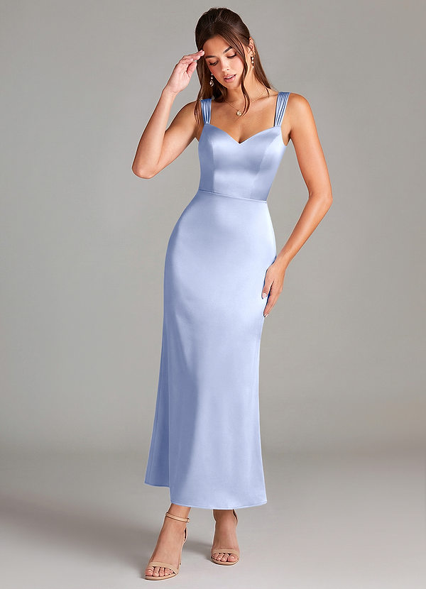 Azazie Denice 신부 들러리 드레스 쉬스 주름진 스트레치 새틴 발목 길이 드레스 image1