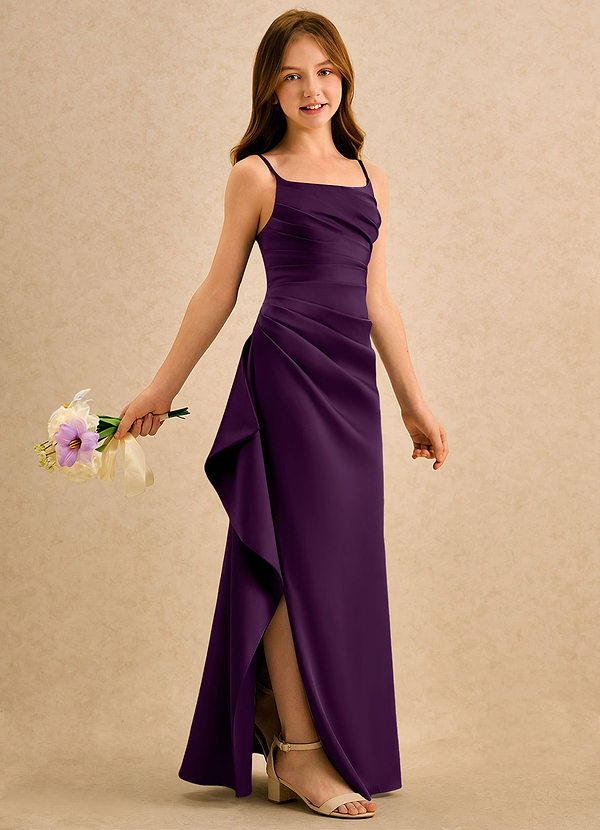 Azazie Cannoli Girls Formal Blumenkinder Kleider A-Linie Plissee Stretch-Satin Kleid Traube image1