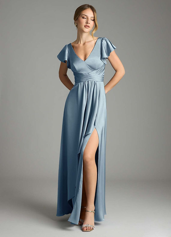 Azazie Omari Bridesmaid Dresses Dusty Blue A-Line Stretch Satin Dress image1