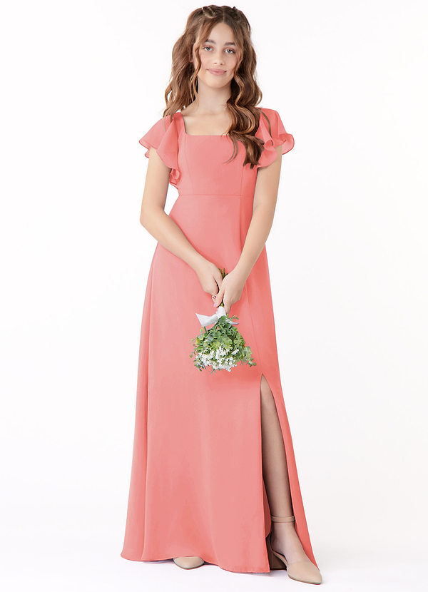 Azazie Bondi Junior Coral A-Line Bow Chiffon Dress image1